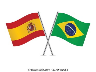 Spain and Brazil crossed flags. Spanish and Brazilian flags on white background. Vector icon set. Vector illustration.