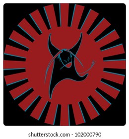 Spain bull dancing on sunburst background. Bullfighting, flamenco.
