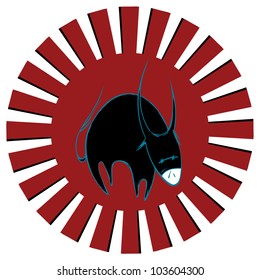 Spain bull dancing on sunburst background. Bullfighting, flamenco.
