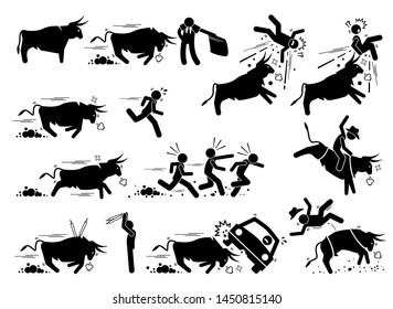 Spain Bullfight And Bull Run Event Pictogram Icons. Stick Figure Illustrations Depict Angry Bull Charging At Matador, People, Car, And Also Rodeo Game. 