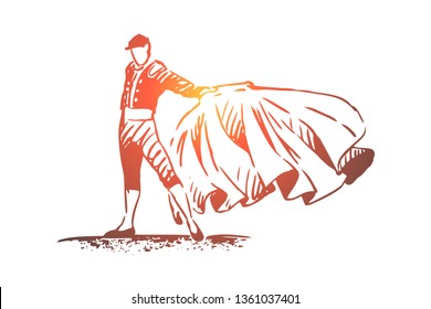 Spain, bullfight, matador, travel, country concept. Hand drawn bullfighter in special costume. Traditional Spanish entertainment concept sketch. Isolated vector illustration.