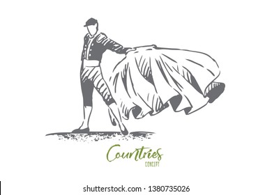 Spain, bullfight, matador, travel, country concept. Hand drawn bullfighter in special costume. Traditional Spanish entertainment concept sketch. Isolated vector illustration.