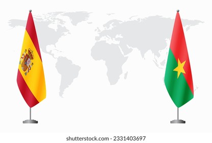 Spanien und Burkina Faso Flaggen für offizielle Treffen auf der Grundlage der Weltkarte.