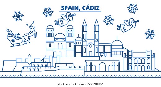 Spain, Cadiz winter city skyline. Merry Christmas, Happy New Year decorated banner with Santa Claus.Winter greeting line card.Flat, outline vector.Linear christmas snow illustration