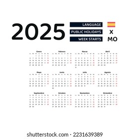 Spain Calendar 2025. Week starts from Monday. Vector graphic design. Spanish language.