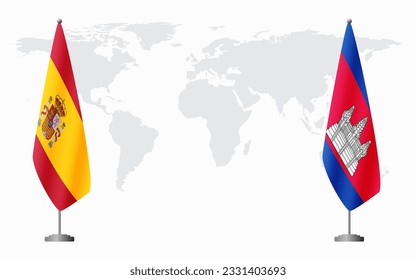 Spain and Cambodia flags for official meeting against background of world map.