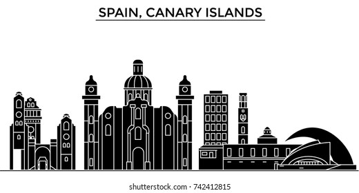 Spain, Canary Islands architecture vector city skyline, travel cityscape with landmarks, buildings, isolated sights on background