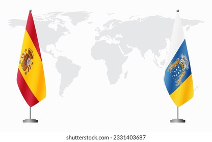 Spain and Canary Islands flags for official meeting against background of world map.