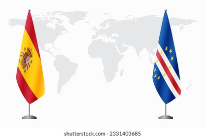 Spain and Cape Verde flags for official meeting against background of world map.