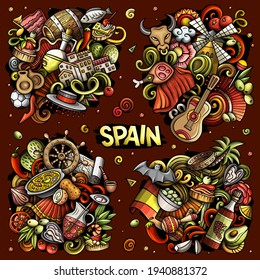 Spain cartoon vector doodle designs set. Colorful detailed compositions with lot of Spanish objects and symbols. All items are separate