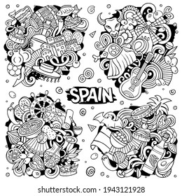 Spain cartoon vector doodle designs set. Line art detailed compositions with lot of Spanish objects and symbols. All items are separate