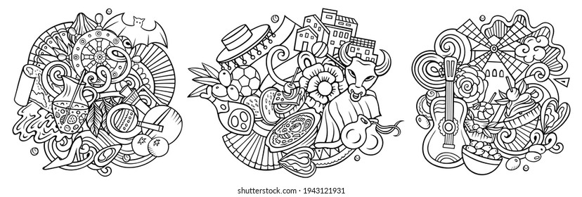 Spain cartoon vector doodle designs set. Line art detailed compositions with lot of Spanish objects and symbols. Isolated on white illustrations