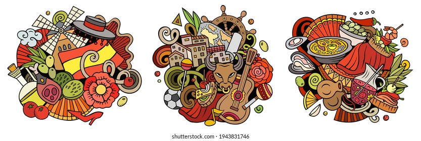 Spain cartoon vector doodle designs set. Colorful detailed compositions with lot of Spanish objects and symbols. Isolated on white illustrations