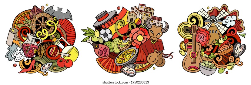 Spain cartoon vector doodle designs set. Colorful detailed compositions with lot of Spanish objects and symbols. Isolated on white illustrations