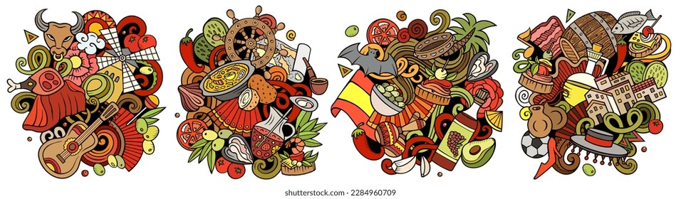 Spain cartoon vector doodle designs set. Colorful detailed compositions with lot of Spanish objects and symbols. Isolated on white illustrations