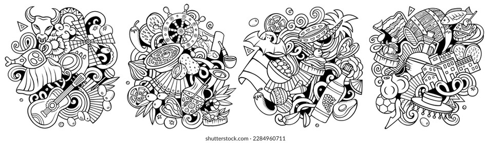 Spain cartoon vector doodle designs set. Line art detailed compositions with lot of Spanish objects and symbols