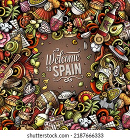 Spain cartoon vector doodles frame. Spanish border design. European elements and objects background. Bright colors funny picture. All items are separated