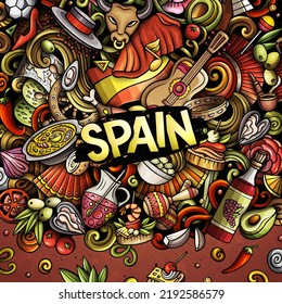 Spain cartoon vector doodles frame. Spanish border design. European elements and objects background. Bright colors funny picture. All items are separated