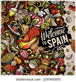 Spain cartoon vector doodles frame. Spanish border design. European elements and objects background. Bright colors funny picture. All items are separated