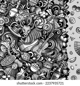 Spain cartoon vector doodles frame. Spanish border design. European elements and objects background. Monochrome funny picture. All items are separated