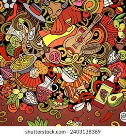 Spain cartoon vector doodles frame. Spanish border design. European elements and objects background. Bright colors funny picture. All items are separated
