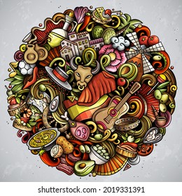 Spain cartoon vector doodles illustration. Spanish round design. European elements and objects background. Bright colors funny picture. All items are separated