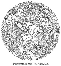 Spain cartoon vector doodles illustration. Spanish round design. European elements and objects background. All items are separated