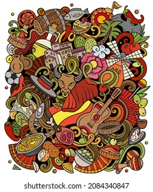 Spain cartoon vector doodles illustration. Spanish poster design. European elements and objects background. Bright colors funny picture. All items are separated