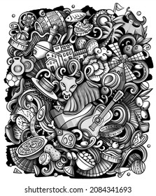 Spain cartoon vector doodles illustration. Spanish poster design. European elements and objects background. Monochrome funny picture. All items are separated