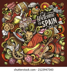 Spain cartoon vector doodles illustration. Spanish poster design. European elements and objects background. Bright colors funny picture. All items are separated