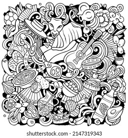 Spain cartoon vector doodles illustration. Spanish poster design. European elements and objects background. Sketchy funny picture. All items are separated