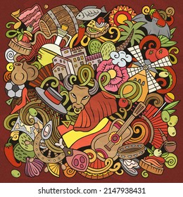 Spain cartoon vector doodles illustration. Spanish poster design. European elements and objects background. Bright colors funny picture. All items are separated