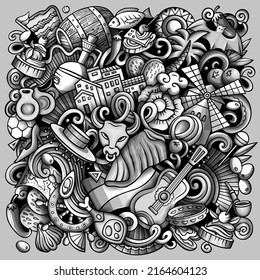 Spain cartoon vector doodles illustration. Spanish poster design. European elements and objects background. Monochrome funny picture. All items are separated