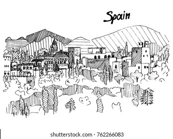 spain castle on the mountain, sketch liners vector black and white version