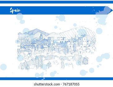 spain castle on the mountain sketch liners vector blue and white version