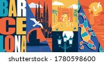 Spain, Catalonia vector skyline illustration, postcard. Travel to Barcelona modern flat graphic design element with Spanish, Barcelonian landmarks - Barceloneta beach, Sagrada Familia basilica, lighth
