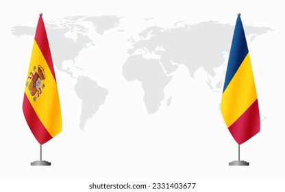 Spain and Chad flags for official meeting against background of world map.