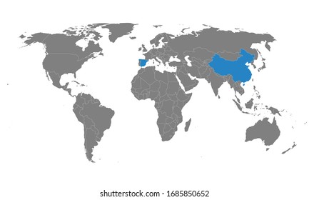 Spain, China Countries Highlighted On World Map. Business Concepts, Political, Health, Trade And Tourism.