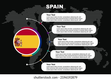 Spain circle infographic with information text spaces, black background with world map, Spain circle country flag, presentation graphic idea, info and data template for countries