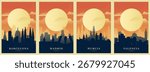 Spain cities brutalism poster pack with skylines, landmarks of Barcelona, Madrid, Murica, Valencia. Vector illustration set. Travel cover, brochure, flyer, leaflet, images
