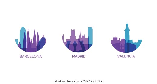 Spain cities logo and icon set. Vector graphic collection for Barcelona, Madrid, Valencia