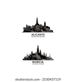 Spanien Städte Logo und Ikonensatz. Vektorgrafik-Kollektion für Alicante, Murcia. Skyline, Panorama-Embleme für Südeuropa