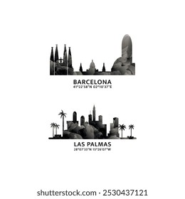 Spain cities logo and icon set. Vector graphic collection for Barcelona, Las Palmas. Skyline, panoramic emblems for South Europe