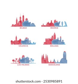 Espanha cidades skyline vetor logotipo, conjunto de ícones. Aquarela Barcelona, Madrid, Bilbao, Valência, Málaga, Las Palmas silhueta. Coleção gráfica isolada