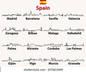 Spain cities skylines vector outline icons