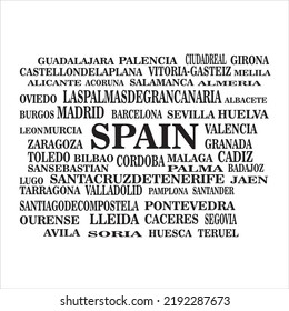 spain with its cities,black text on white background.vector illustration.