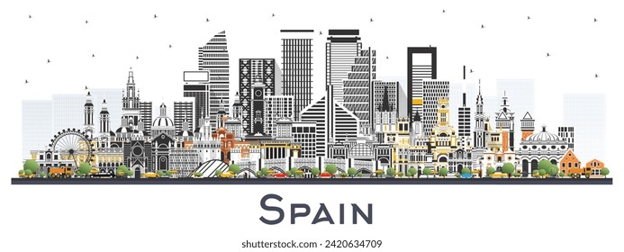 Spain city skyline with color buildings isolated on white. Vector Illustration. Modern and Historic Architecture. Spain Cityscape with Landmarks. Madrid. Barcelona. Valencia. Seville. Zaragoza.