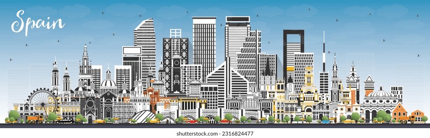 Spain City Skyline with Gray Buildings and Blue Sky. Vector Illustration. Modern and Historic Architecture. Spain Cityscape with Landmarks. Madrid. Barcelona. Valencia. Seville. Zaragoza.