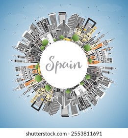 Spain City Skyline with Gray Buildings, Blue Sky and Copy Space. Vector Illustration. Modern and Historic Architecture. Spain Cityscape with Landmarks. Madrid. Barcelona. Valencia. Seville. Zaragoza.