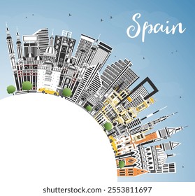 Spain City Skyline with Gray Buildings, Blue Sky and Copy Space. Vector Illustration. Modern and Historic Architecture. Spain Cityscape with Landmarks. Madrid. Barcelona. Valencia. Seville. Zaragoza.